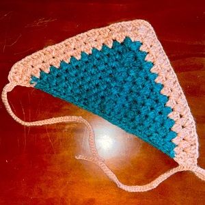 Blue and pink crocheted bandana
